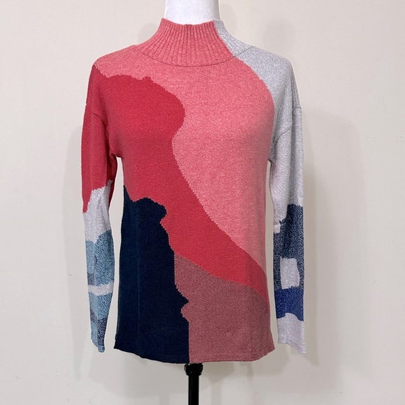 NEW NIC + ZOE Fall Color Blocks Mock Neck Long Sleeve Pullover Sweater Top S/M - Picture 9 of 16